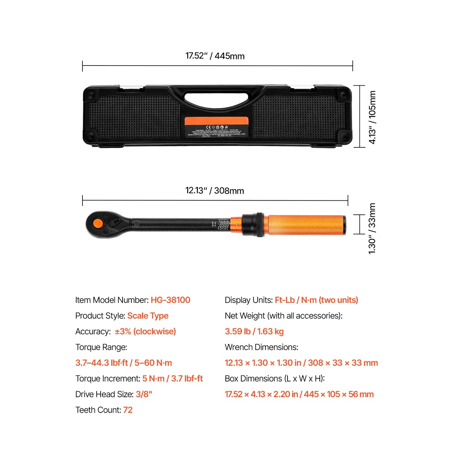 SucceBuy Torque Wrench Set Drive Click Torque Wrench Dual-Direction Adjustable Mechanical Dual Range Scales Torque Wrench Kit