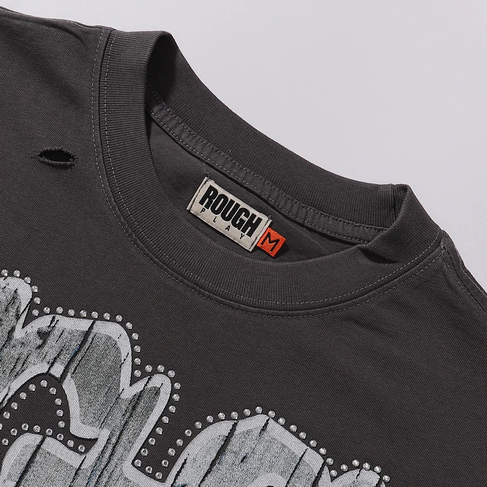 R001 New American Style RoughPlay Splicing Shinning Diamond 100% Cotton Short Sleeve Tshirts for Men Women Crew Neck Loose Summer T-shirt Oversized Tees