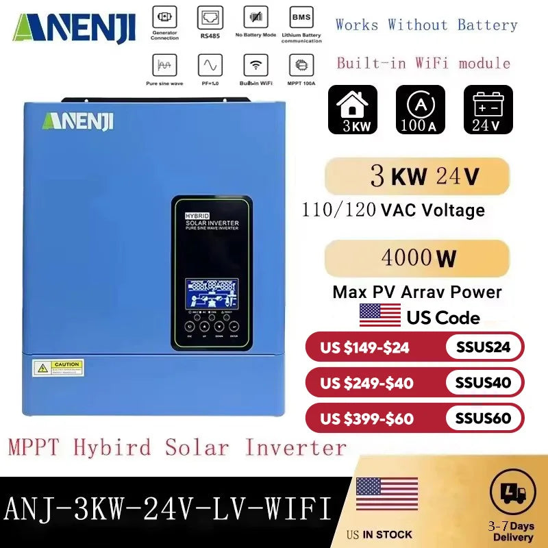 Anenji 3KW Hybrid Solar Inverter Pure Sine Wave MPPT Charger