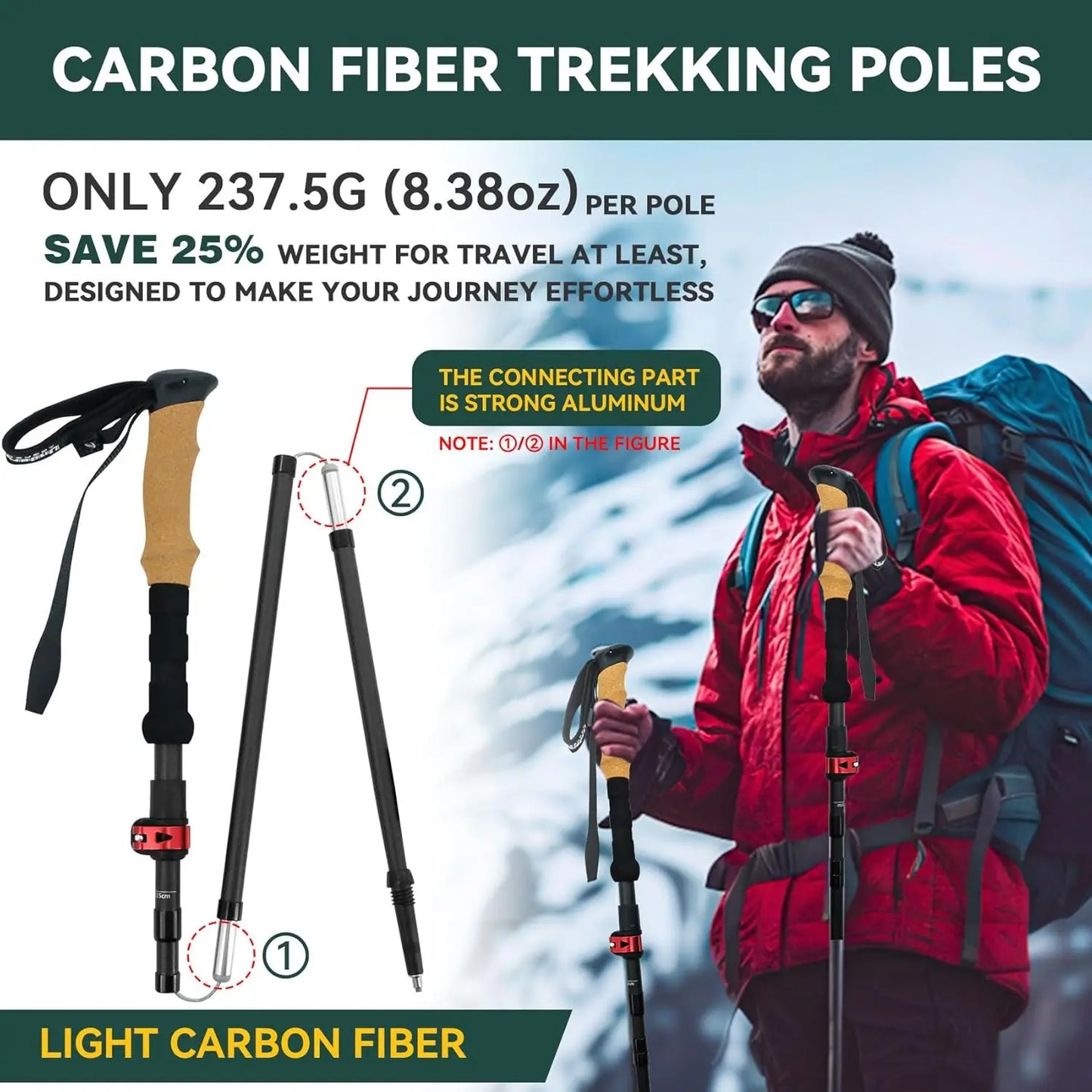 Carbon Fiber Trekking Poles Lightweight Collapsible Hiking Sticks