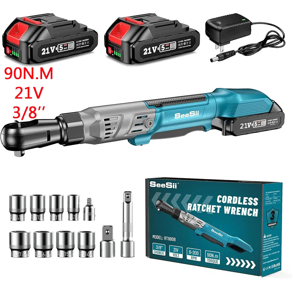 SEESII 6.3'' Extended Electric Ratchet Wrench Kit 21V 3/8' Cordless Electric Wrench 80Nm Angle Wrench for Makita 18V Battery Pin
