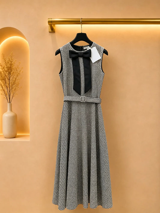 2026 Women Dress Delicate Cross Check Sleeveless Front Fabric Knot Buckled Waist Loose Silhouette