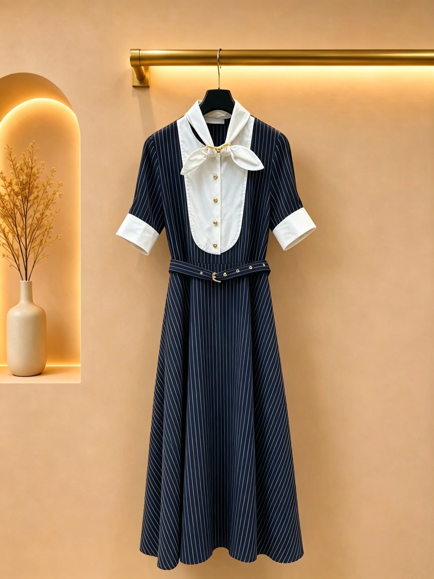 2026 Women Dress Structured Collar Wrap Folded Sleeve Precision Fasten Waist Airy Flared Mid Dress