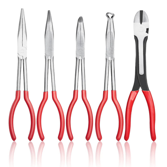 SucceBuy 5-Piece Needle Nose Pliers 11 in Long Needle Nose Pliers Set Diagonal Cutting Pliers 45°/90° Bent Round Nose Plier
