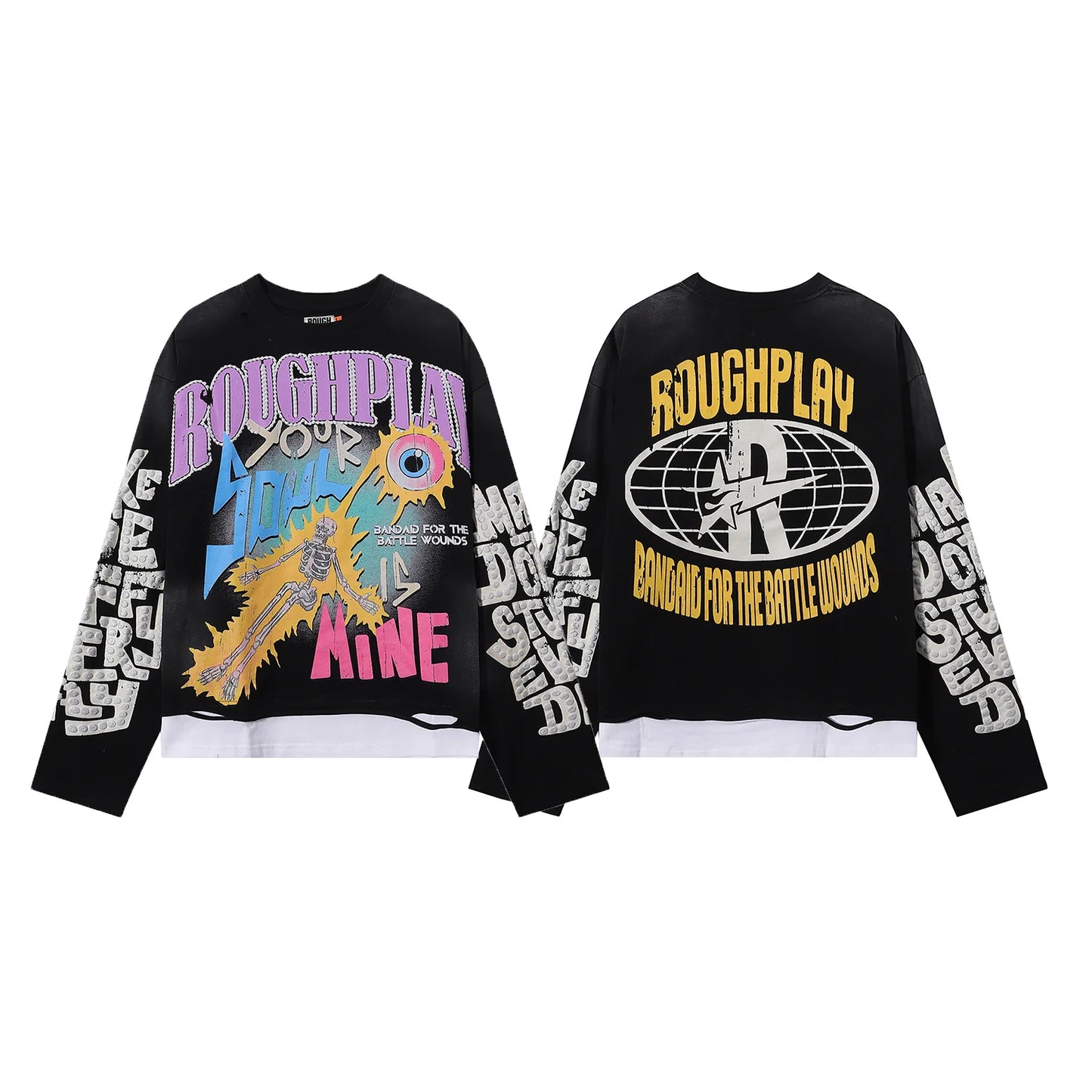 New American Style Rough Play Splicing Shinning Diamond 100% Cotton long sleeves T-shirts for Men Women Crew Neck Loose Summer T-shirt Oversized Tees