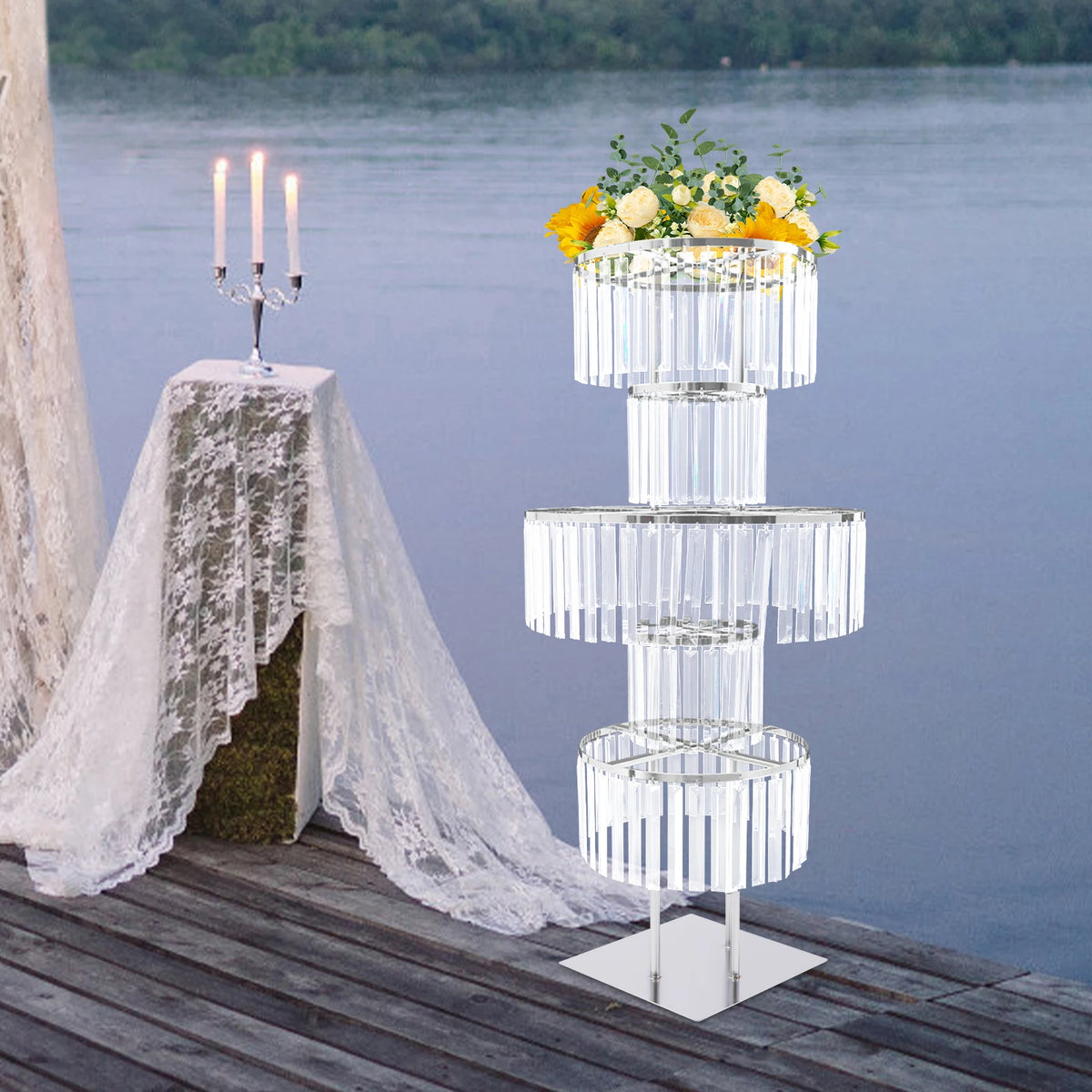5 Tiers Crystal Flower Stand Gold/Silver 43.3 Inch Height Display Rack Aisle Guide Table Decoration Wedding Centerpiece Stand for Party Birthday Coffee Shop
