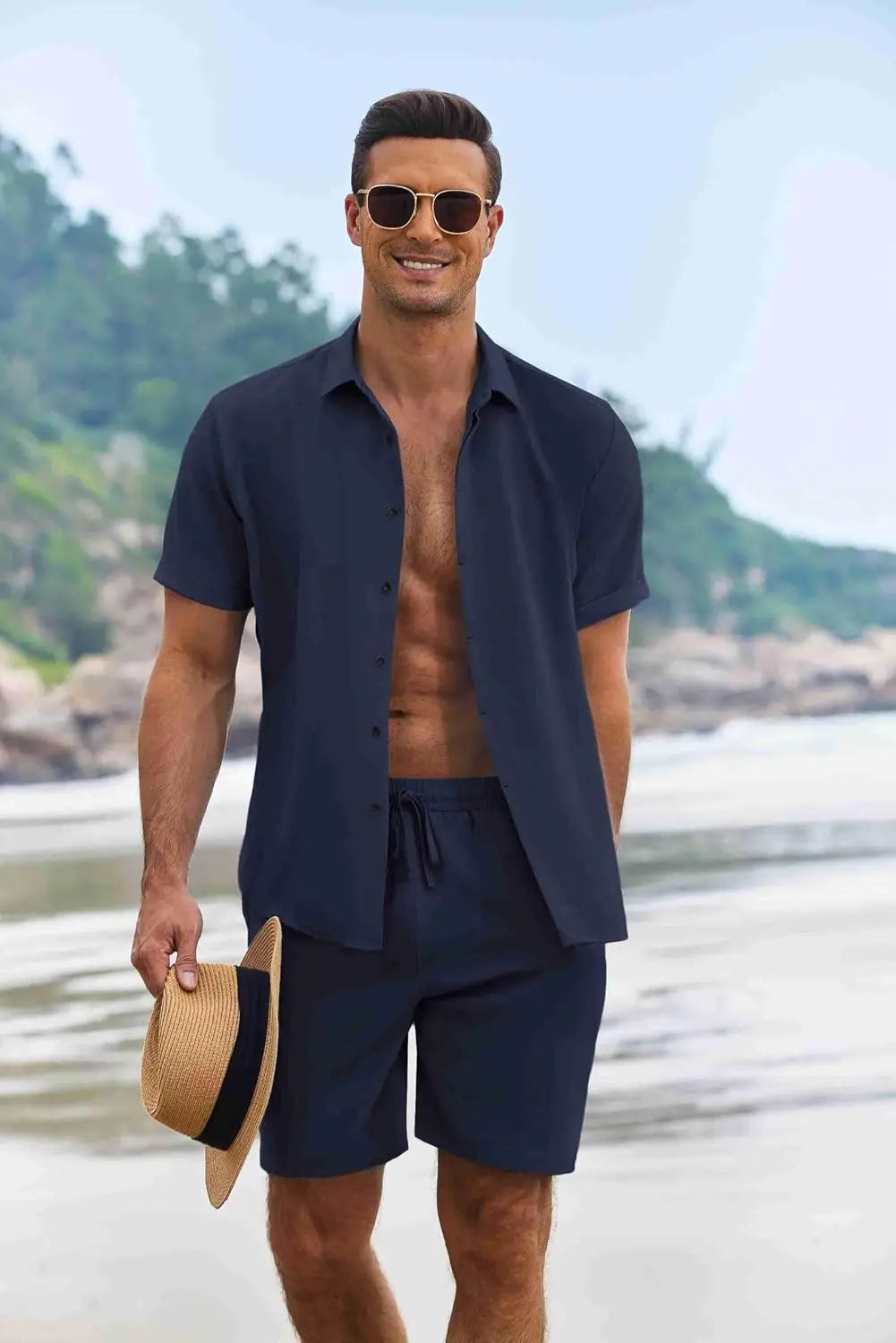 COOFANDY Men's Summer Beach Outfits 2 Piece Short Sleeve Shirts and Shorts Vacation Texture Linen Sets for Men