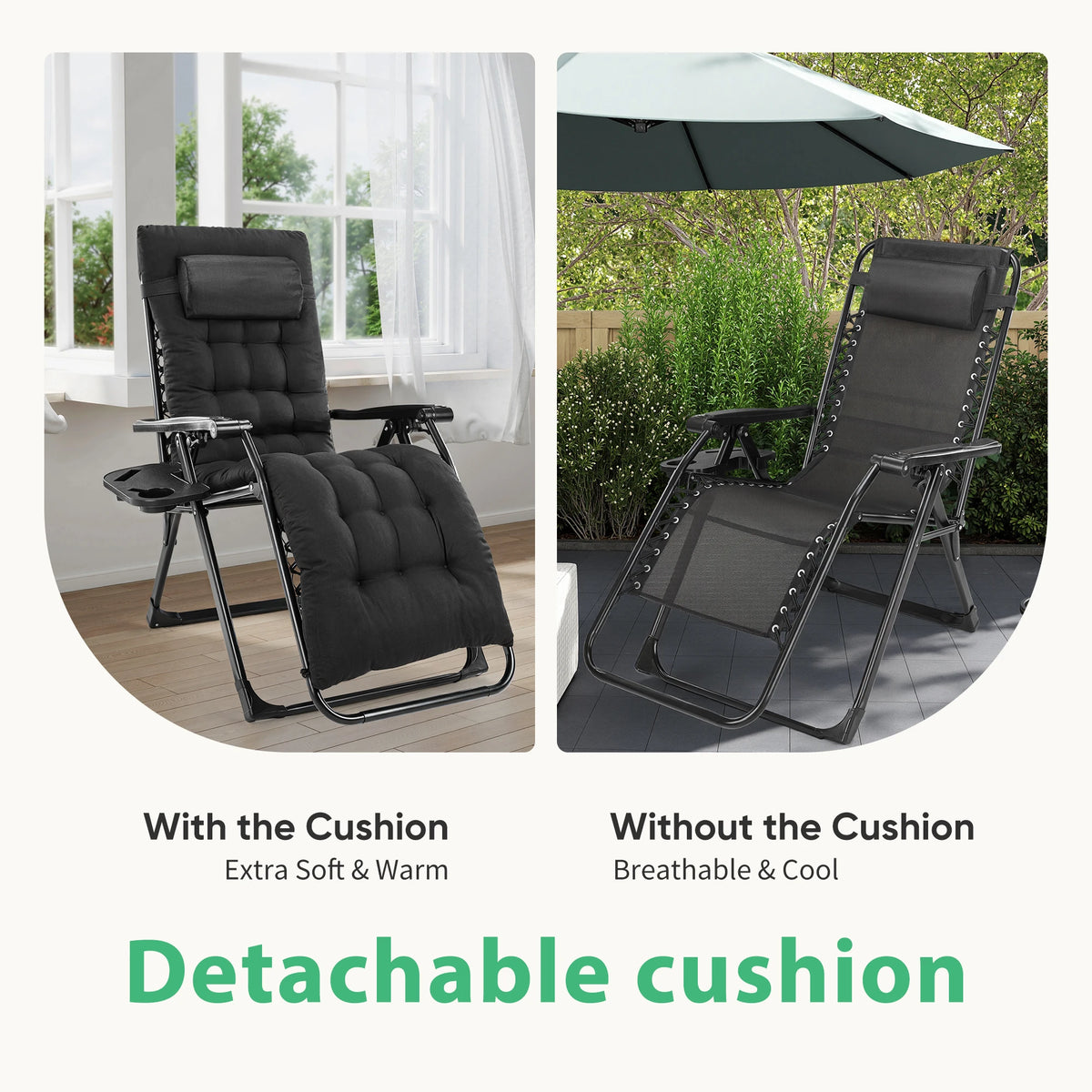 JHK Zero Gravity Outdoor Recliner With Cup Holder And Cushion