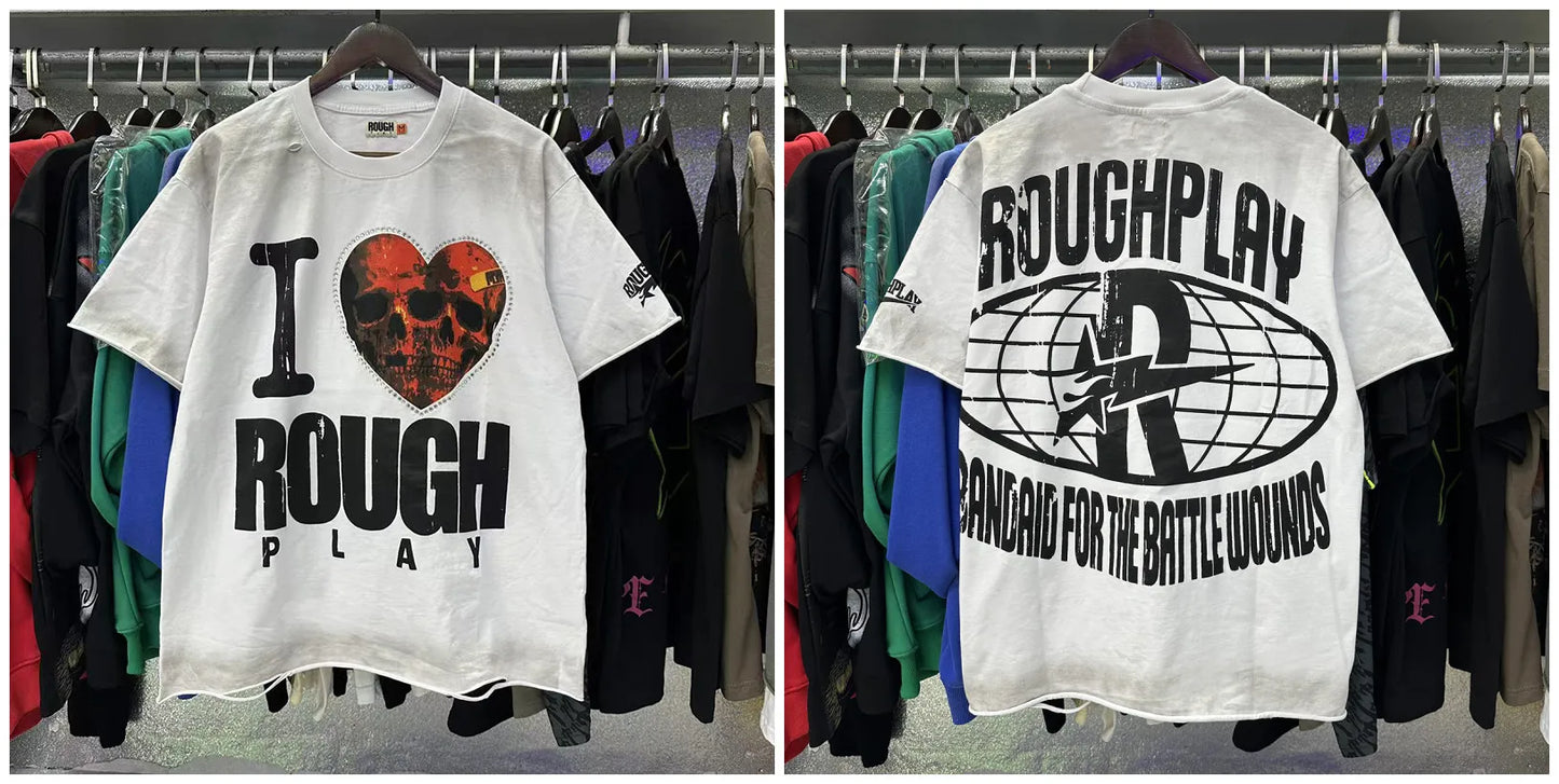 New American Style RoughPlay Splicing Shinning Diamond 100% Cotton Short Sleeve Tshirts for Men Women Crew Neck Loose Summer T-shirt Oversized Tees