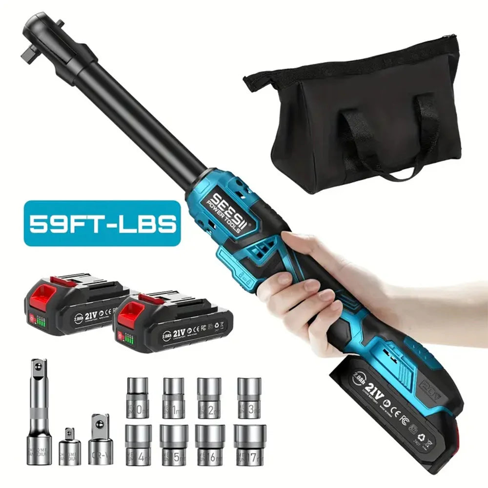 SEESII 6.3'' Extended Electric Ratchet Wrench Kit 21V 3/8' Cordless Electric Wrench 80Nm Angle Wrench for Makita 18V Battery Pin