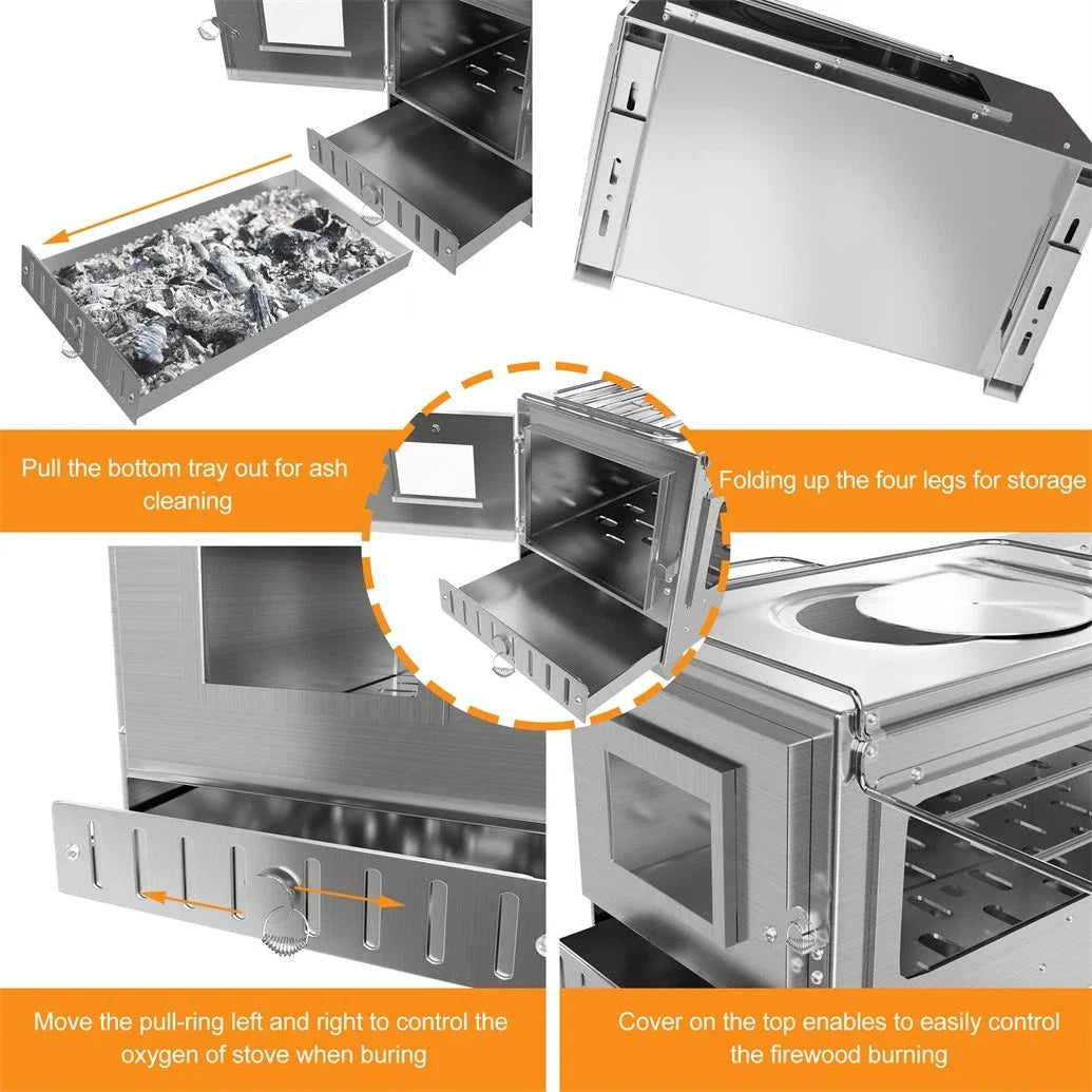 Hot Tent Stove, Unho Wood Burning Stove, Portable Wood Stove with 6 Stainless Chimney Pipes for Outdoor Heating & Cooking