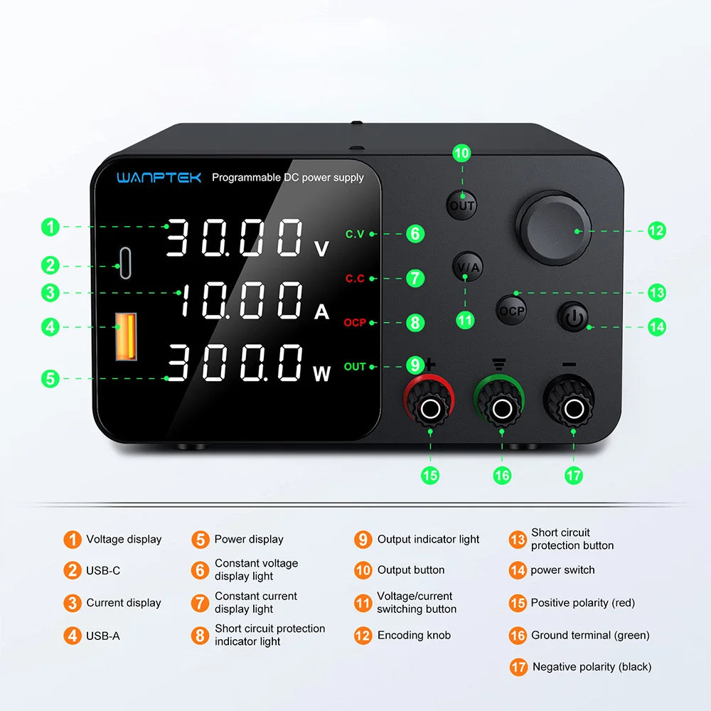 Wanptek Laboratory DC Power Supply USB Fast Charging Adjustable