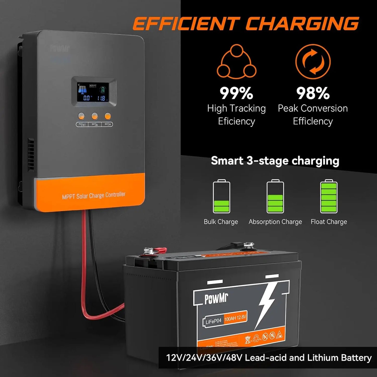 PowMr MPPT Solar Charge Controller 60A 12V 24V 48V LiFePO4