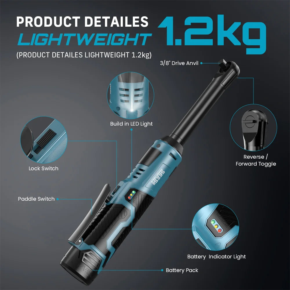 SEESII 6' Extended Ratchet Wrench 3/8" Cordless Electric Wrench 55Nm 12V Rechargeable Angle Wrench Car Repair Tools W/2 Batteries