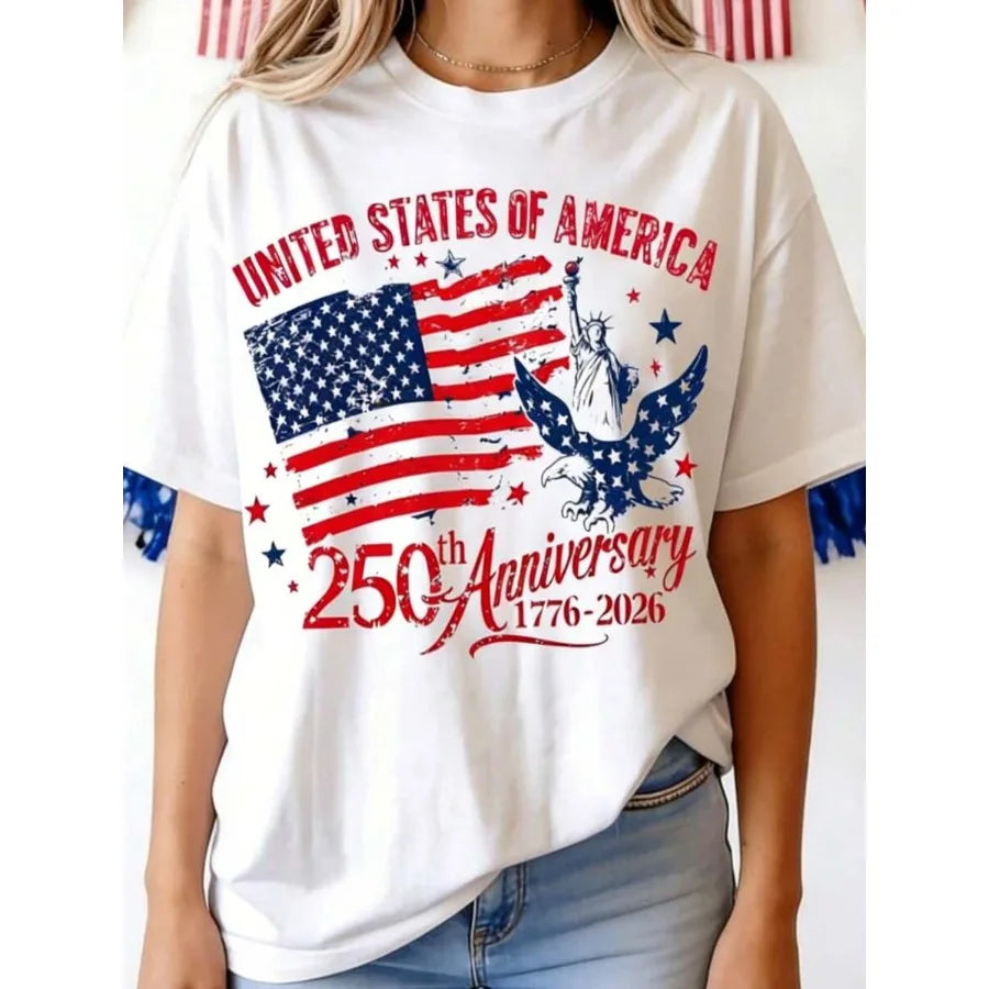 【New style】250th America Anniversary Elegant Women Clothes US 250 Years Shirt Retro Women Clothing 100 Persent Cotton Round Nec