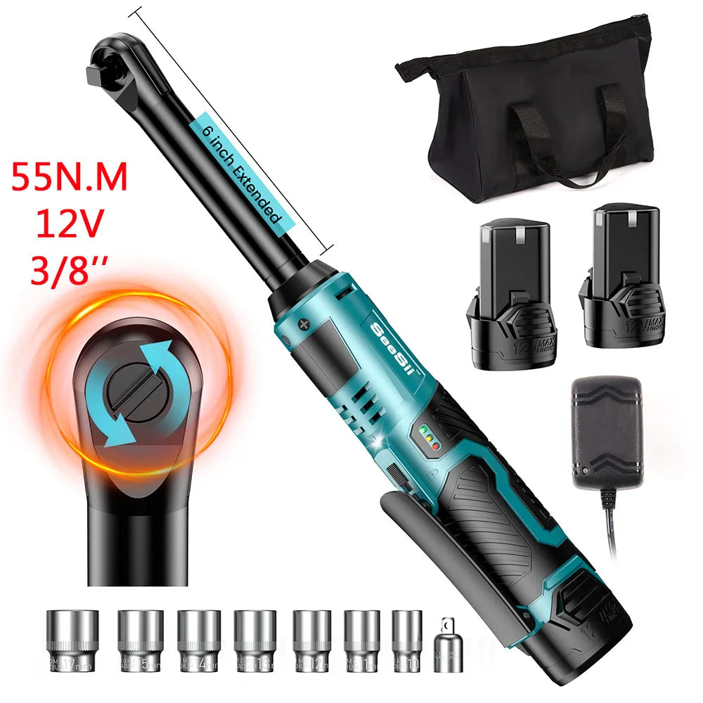 SEESII 6.3'' Extended Electric Ratchet Wrench Kit 21V 3/8' Cordless Electric Wrench 80Nm Angle Wrench for Makita 18V Battery Pin