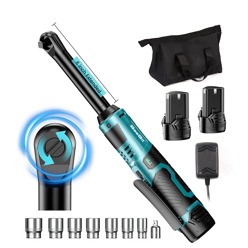 SEESII 6' Extended Ratchet Wrench 3/8" Cordless Electric Wrench 55Nm 12V Rechargeable Angle Wrench Car Repair Tools W/2 Batteries