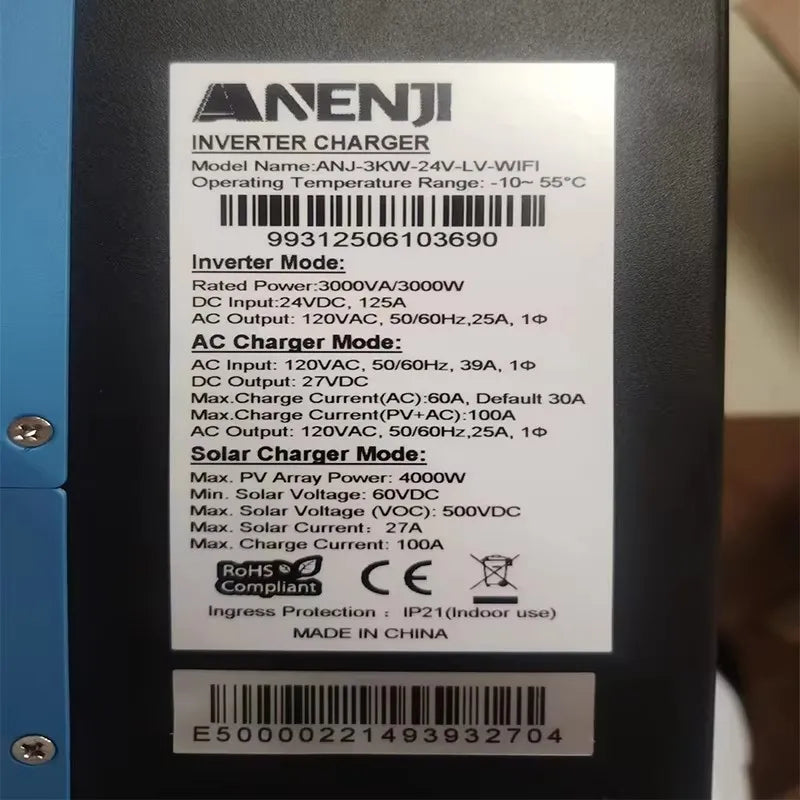 Anenji 3KW Hybrid Solar Inverter Pure Sine Wave MPPT Charger
