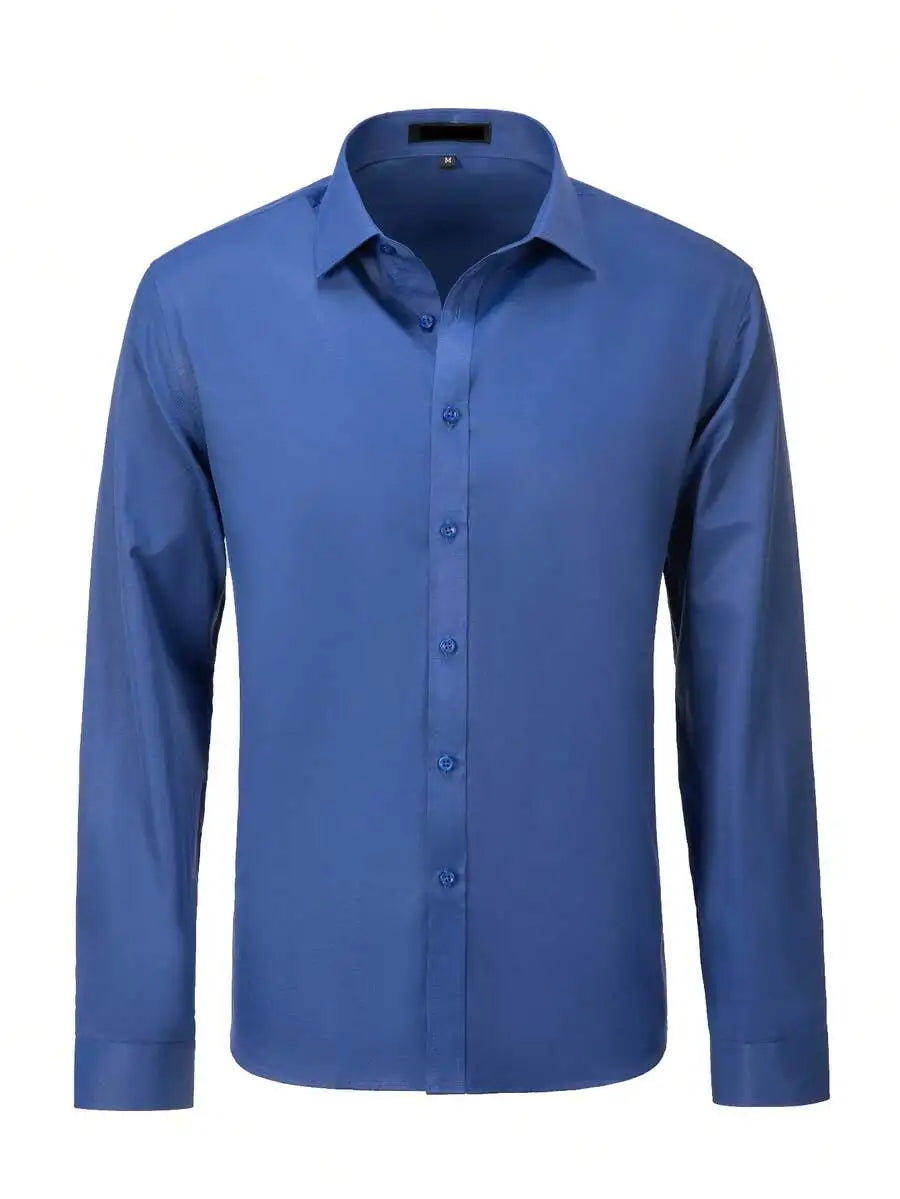 Mens Solid Color Long Sleeve Formal Shirt Casual Business Wedding Dress Up