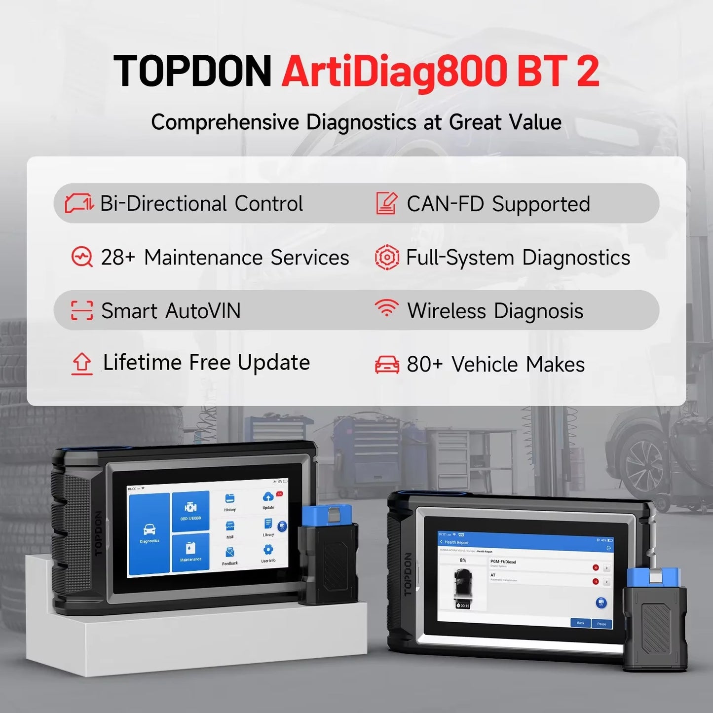TOPDON Artidiag800 BT 2 Automotive Car Diagnostic Tool Full System OBD2 Scanner Lifetime Free Update Scan Tool VCI Repair Tool