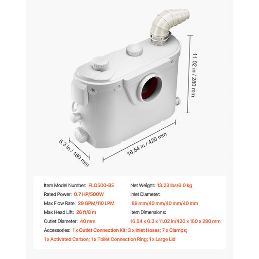 SucceBuy Macerator Pump 500W/700W/900W/1200W Waste Water Disposal Upflush Machine for Toilet, Basement, Shower, Laundry, Bathtub