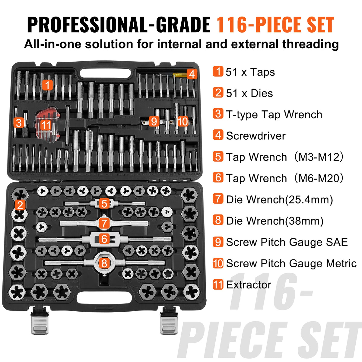 SucceBuy 116 Piece Metric And Sae Bearing Steel Tap Die Set