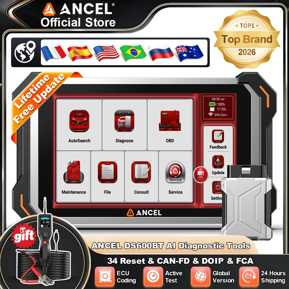 ANCEL DS600BT Automotive Diagnostic Tool CANFD DOIP ECU Coding 34+ Resets Lifetime Free Bidirectional Full System OBD2 Scanner