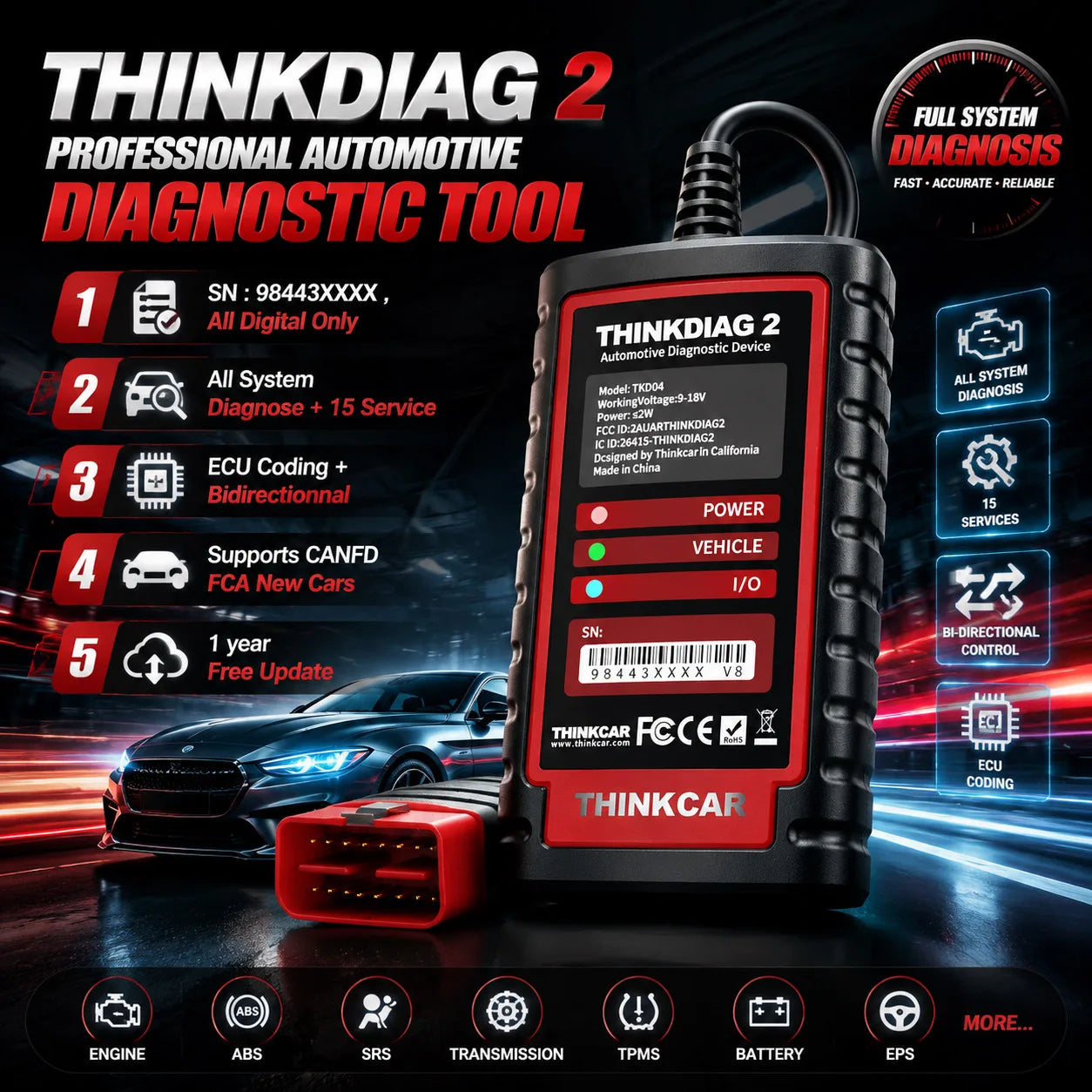 ThinkDiag 2 ALL Software 1 Year Free Update Auto Diagnostic Tool Support CAN FD ECU Coding Bidirectional 16 Reset OBD2 Scanner