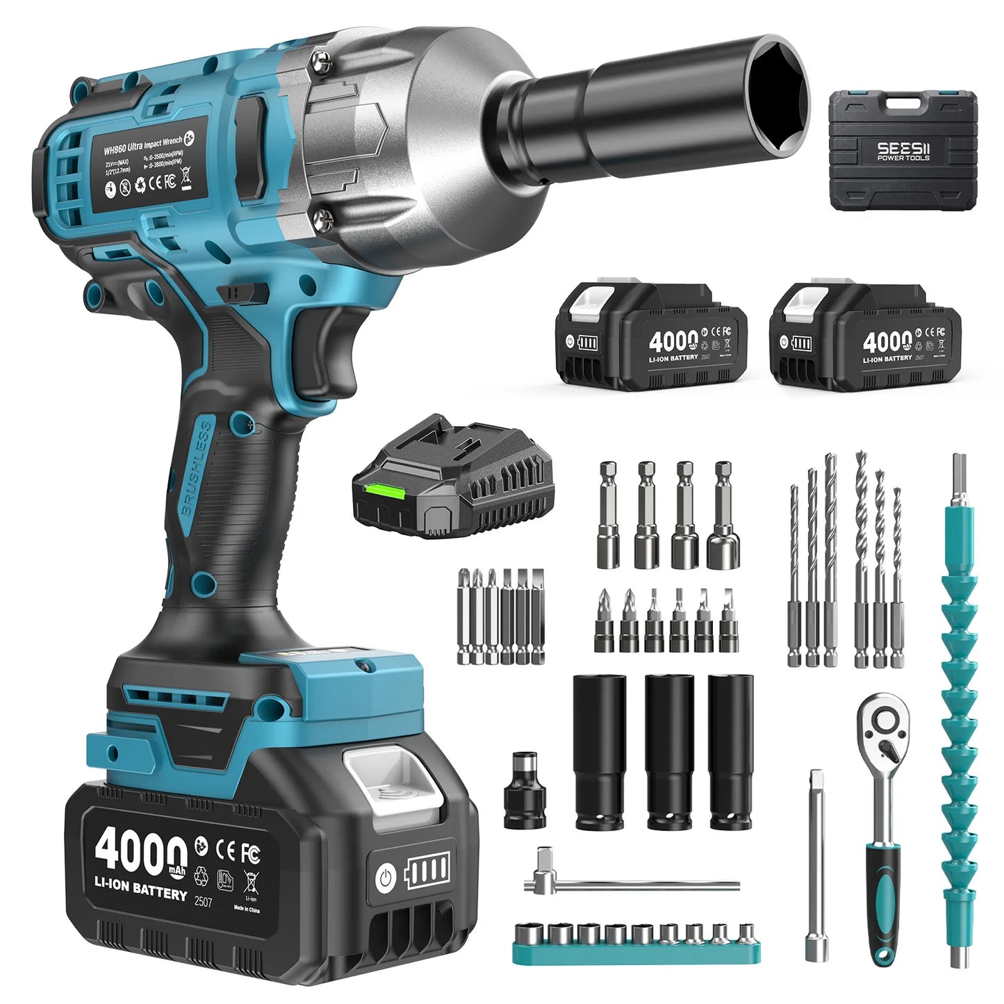 Seesii 1300Nm 3-in-1 Brushless Cordless Drill and Impact Wrench Kit