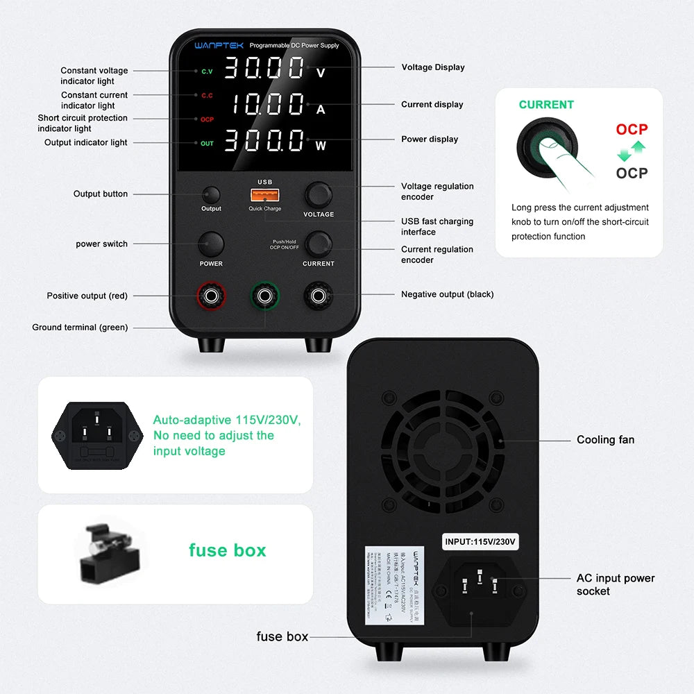 Wanptek Laboratory DC Power Supply USB Fast Charging Adjustable