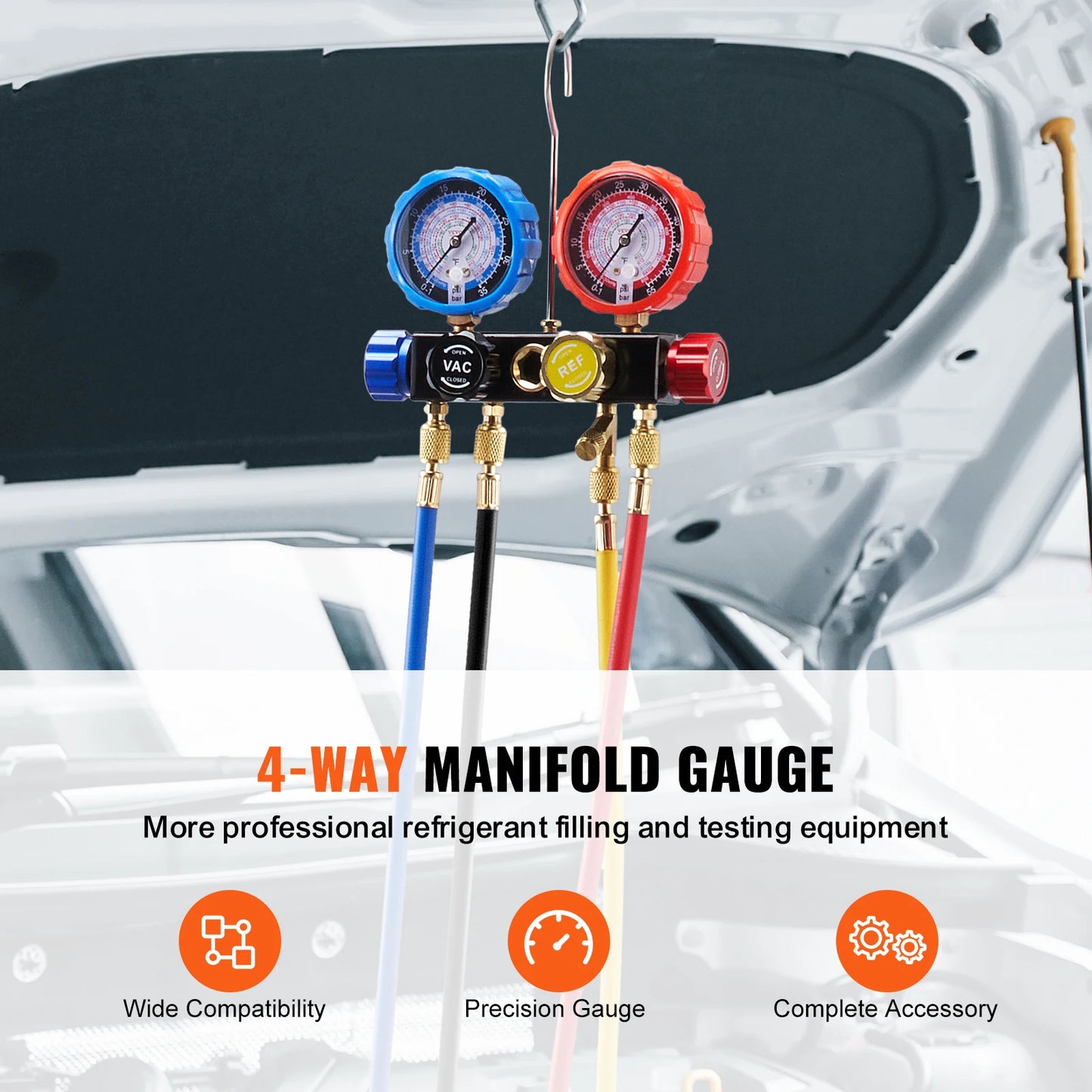 SucceBuy 4 Way AC Gauge-AC Manifold Gauge Set 5ft Hoses for R134A/R22/R12/R410A Work on Car Auto Freon Charging and Evacuation