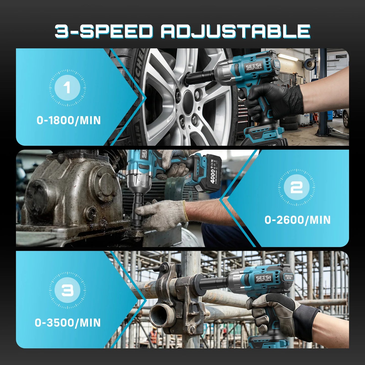 Seesii 1300Nm 3-in-1 Brushless Cordless Drill and Impact Wrench Kit