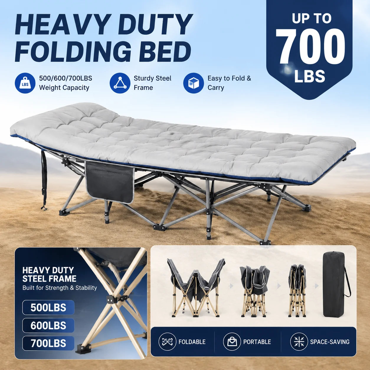 Foldable Cot Bed With Thick Mattress For Camping And Office