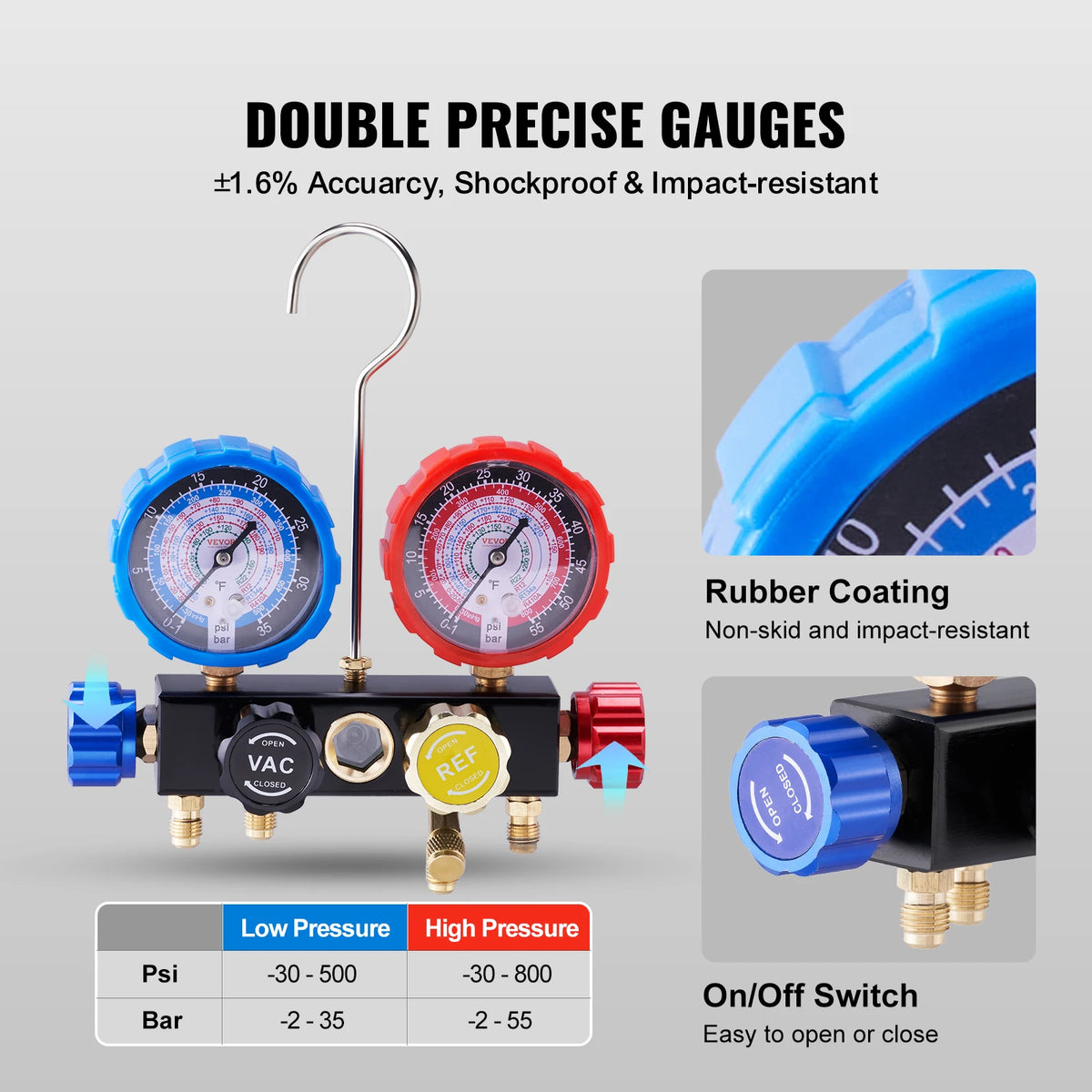 SucceBuy 4 Way AC Gauge-AC Manifold Gauge Set 5ft Hoses for R134A/R22/R12/R410A Work on Car Auto Freon Charging and Evacuation