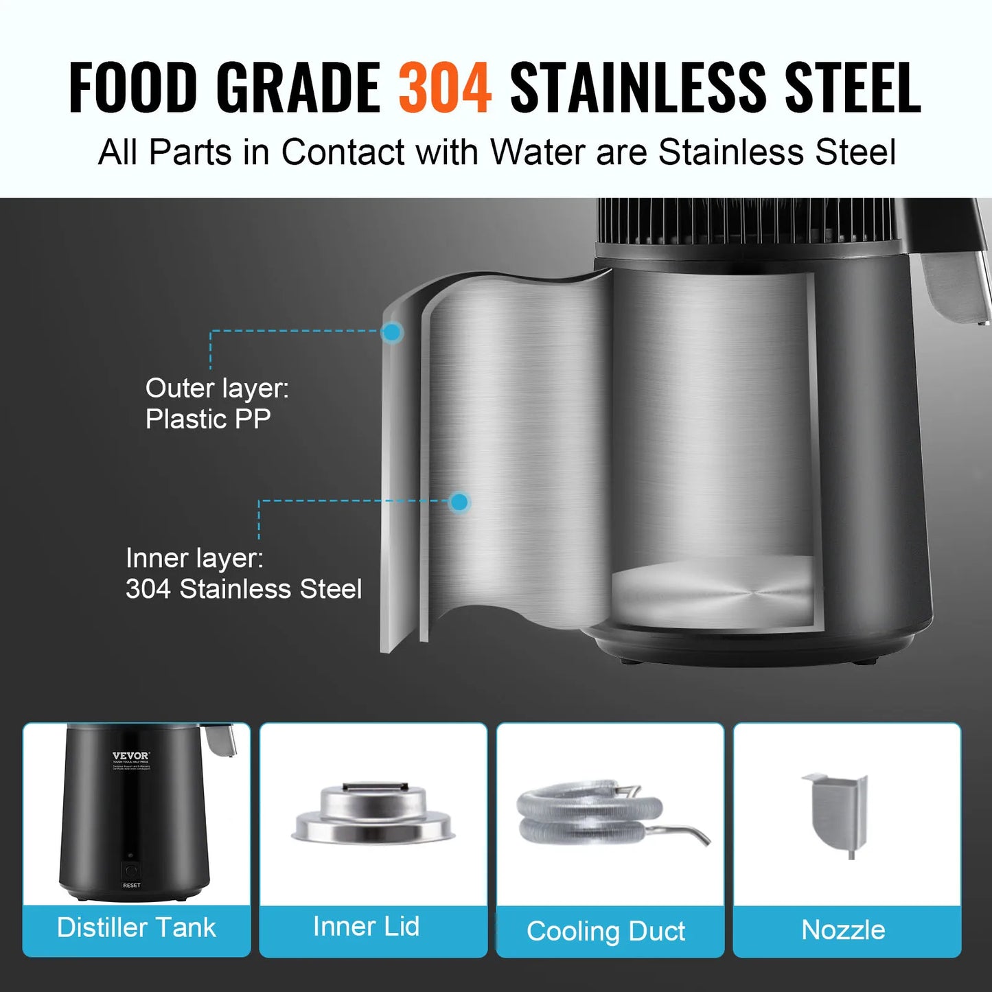 SucceBuy Water Distiller 4L 1.05 Gallon Pure Water Purifier Filter Countertop 750W Distilled Water MakerInterior Distiller
