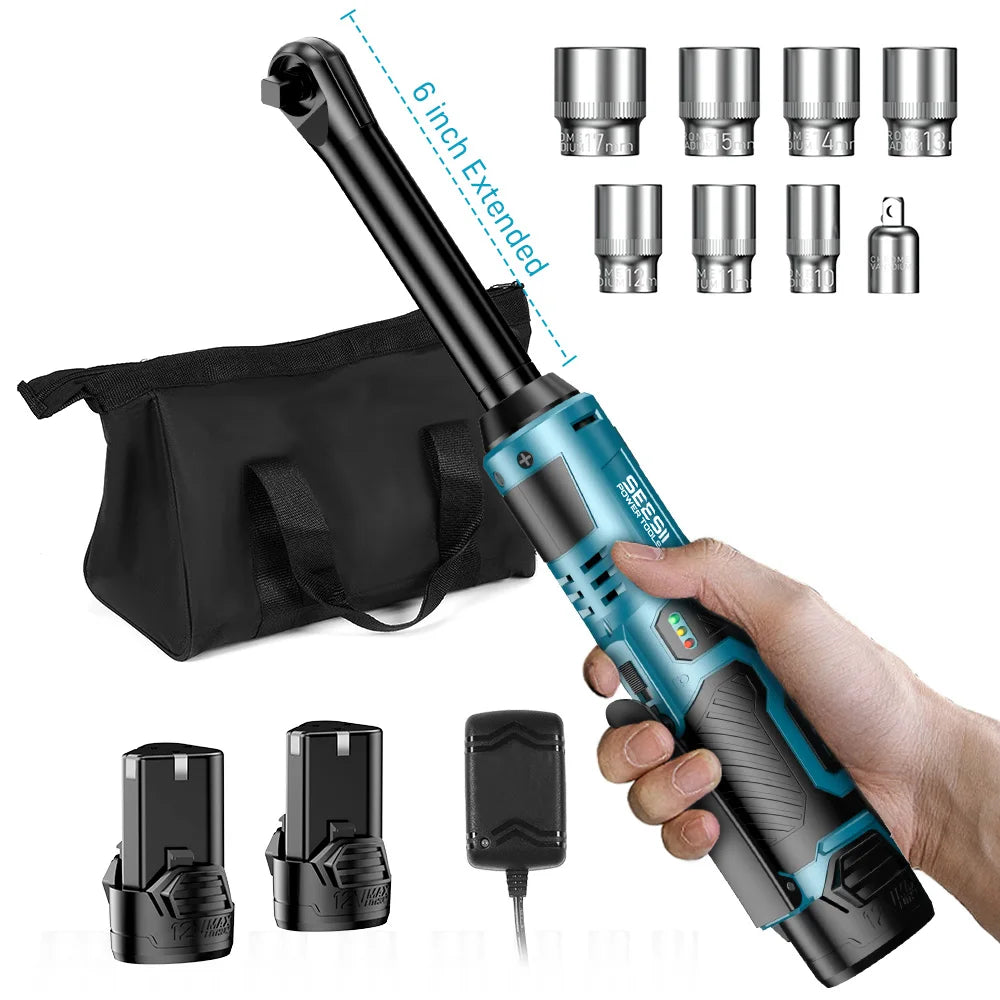 SEESII 6' Extended Ratchet Wrench 3/8" Cordless Electric Wrench 55Nm 12V Rechargeable Angle Wrench Car Repair Tools W/2 Batteries