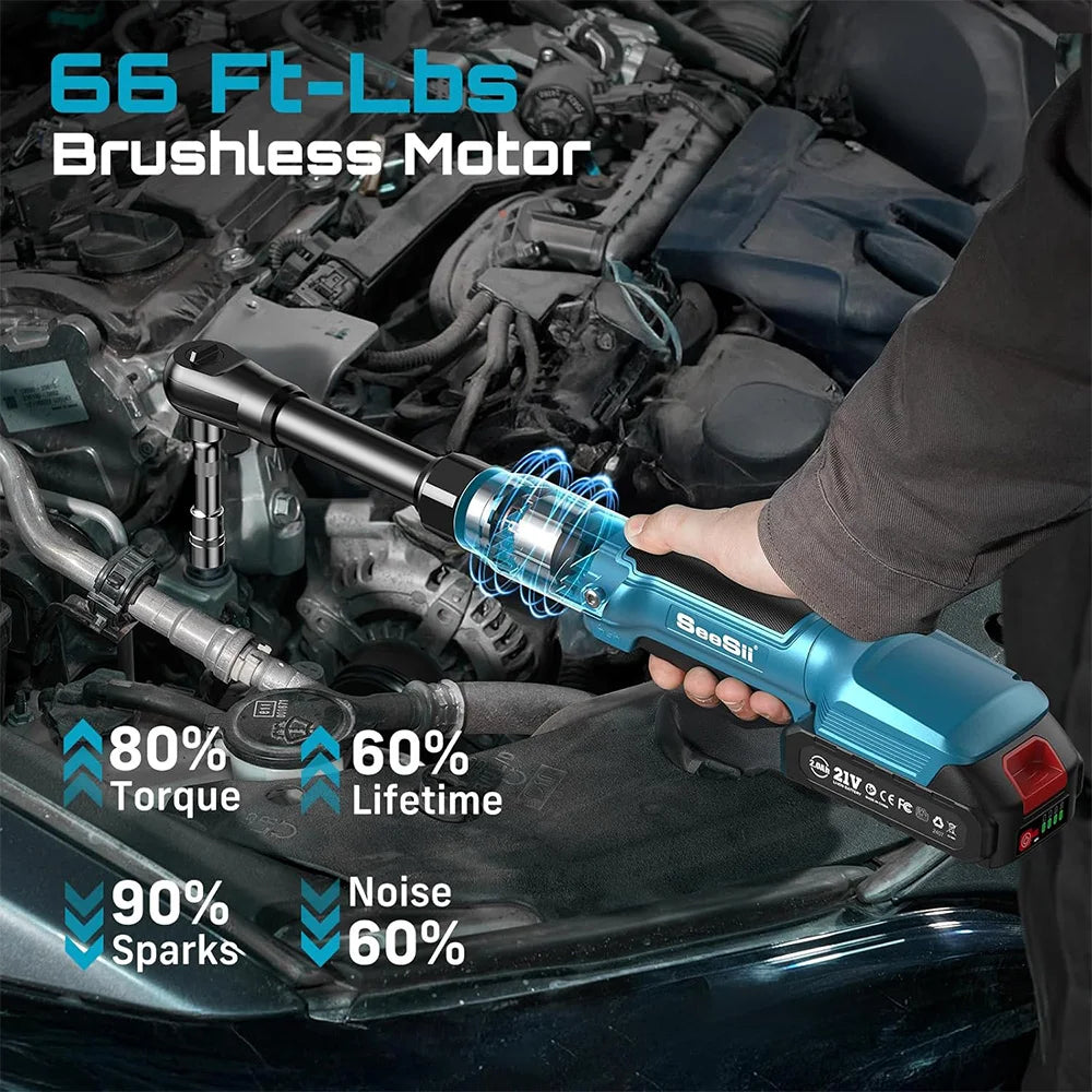 SEESII 6.3'' Extended Electric Ratchet Wrench Kit 21V 3/8' Cordless Electric Wrench 80Nm Angle Wrench for Makita 18V Battery Pin