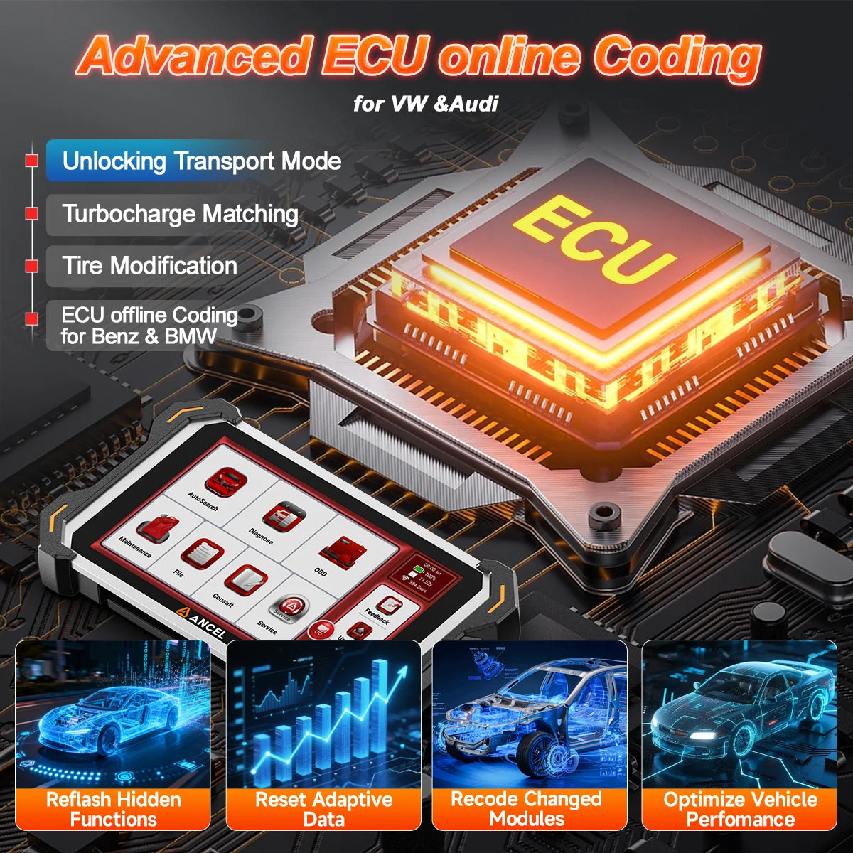 ANCEL DS600BT Automotive Diagnostic Tool CANFD DOIP ECU Coding 34+ Resets Lifetime Free Bidirectional Full System OBD2 Scanner