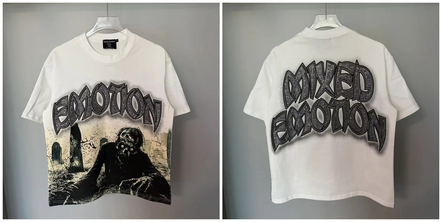 New MIXED-EMOTION Rhinestone printed pattern 100% cotton Men Women T-shirt Loose casual Shinning Diamond Tees Oversized Top