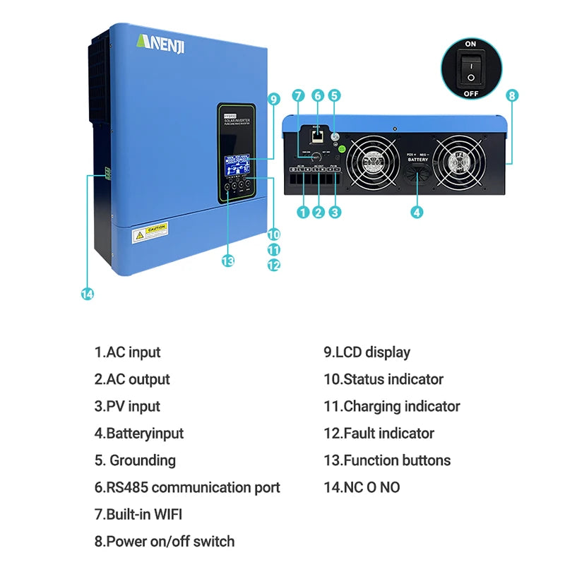 Anenji 3KW Hybrid Solar Inverter Pure Sine Wave MPPT Charger