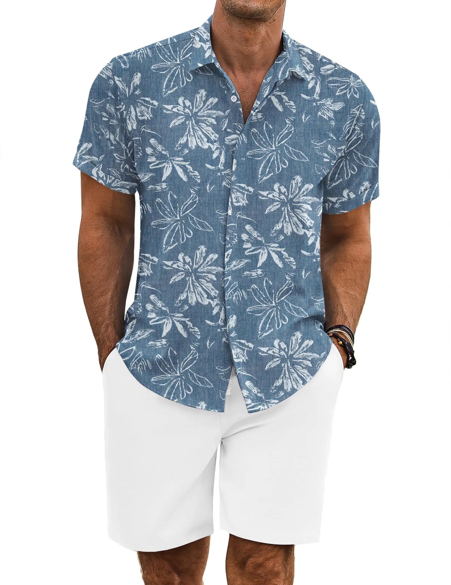 COOFANDY Men's Summer Beach Outfits 2 Piece Short Sleeve Shirts and Shorts Vacation Texture Linen Sets for Men