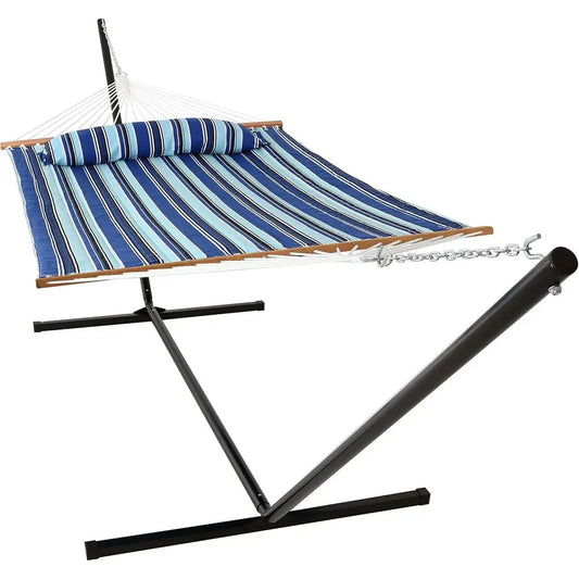 Quilted Double Hammock With Stand For Outdoor Use Heavy Duty