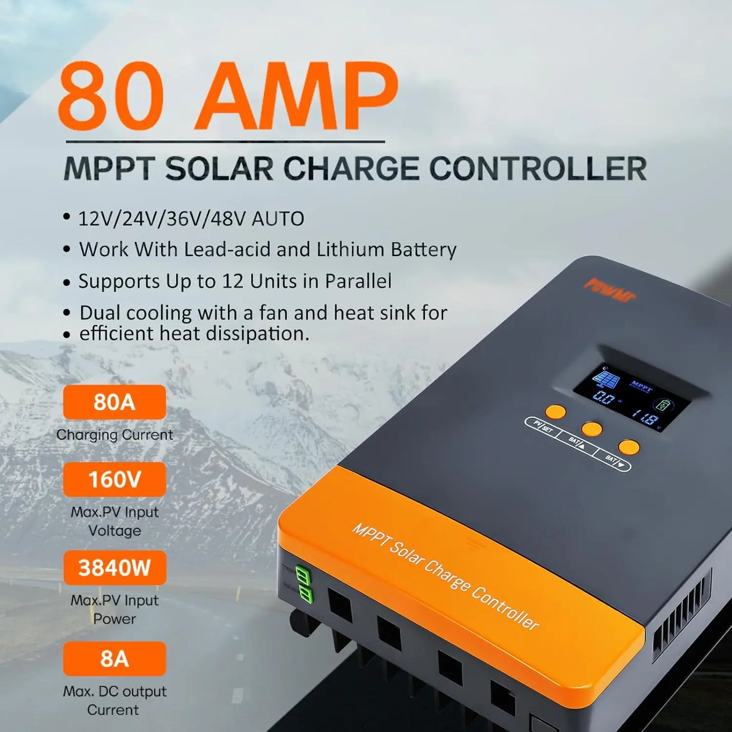 PowMr MPPT Solar Charge Controller 60A 12V 24V 48V LiFePO4
