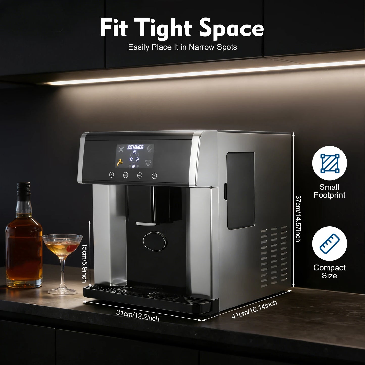 2‑in‑1 Ice Maker Dispenser 8‑12min 10‑15kg/Day 1.32lbs Touch Control Self‑Cleaning for Home Office Cafe Kitchen and Party
