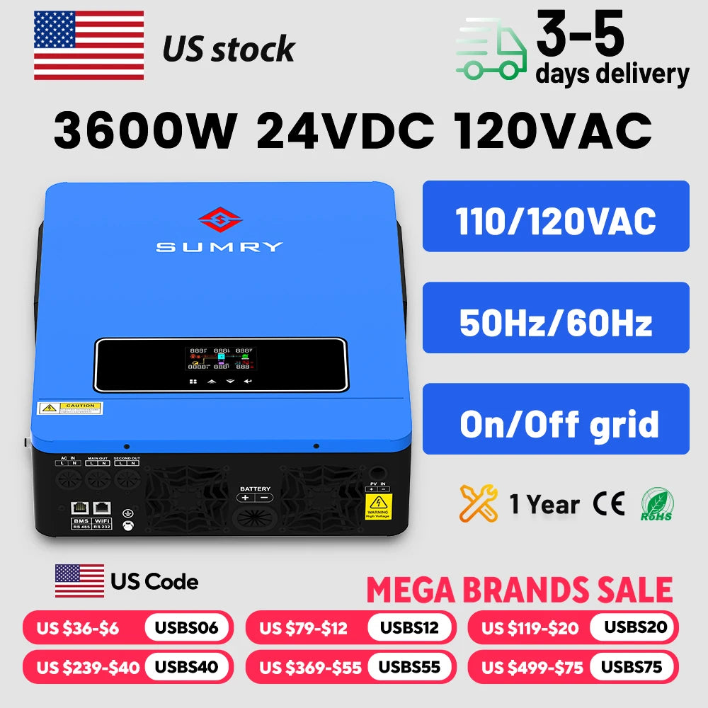 Sumry 3600W Hybrid Pure Sine Wave Solar Inverter 24V