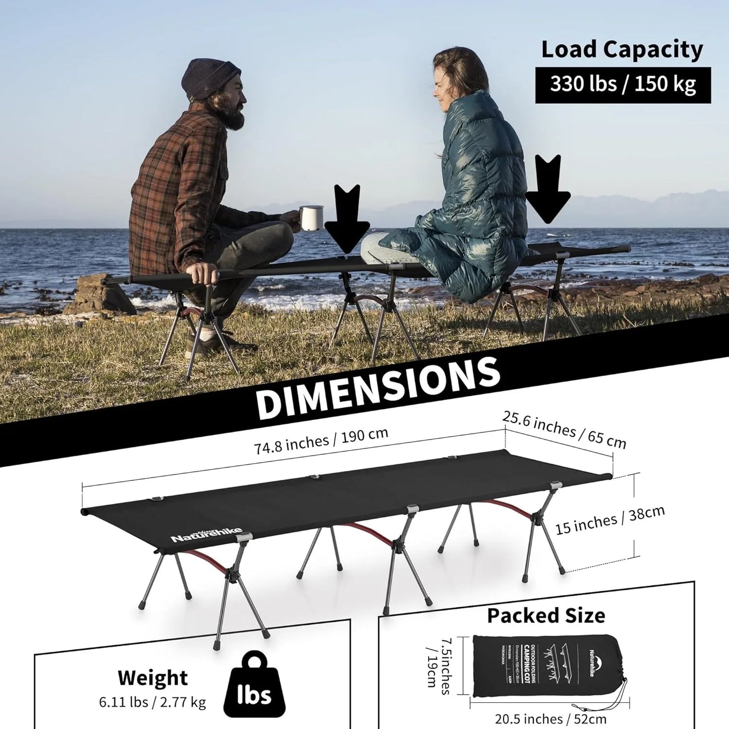 Naturehike Ultralight Folding Camping Cot With Adjustable Height