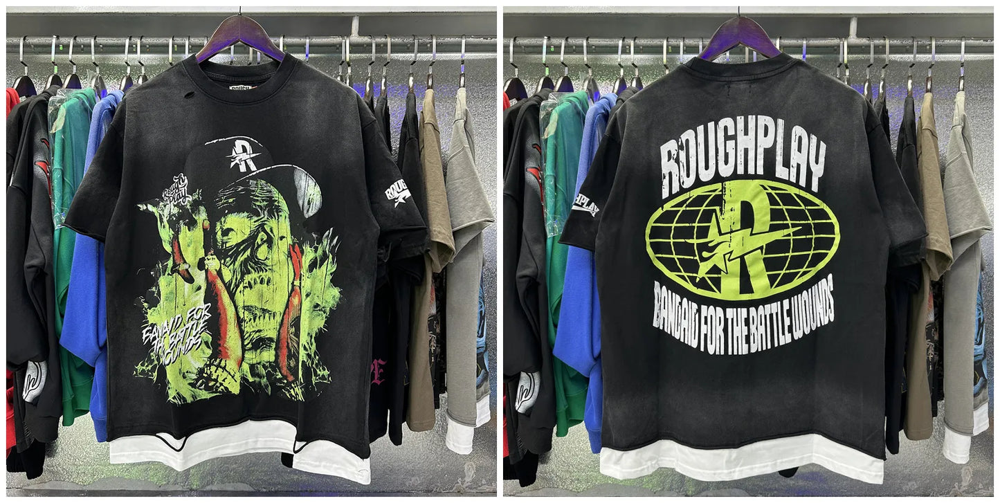 New American Style RoughPlay Splicing Shinning Diamond 100% Cotton Short Sleeve Tshirts for Men Women Crew Neck Loose Summer T-shirt Oversized Tees