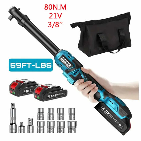 SEESII 6.3'' Extended Electric Ratchet Wrench Kit 21V 3/8' Cordless Electric Wrench 80Nm Angle Wrench for Makita 18V Battery Pin