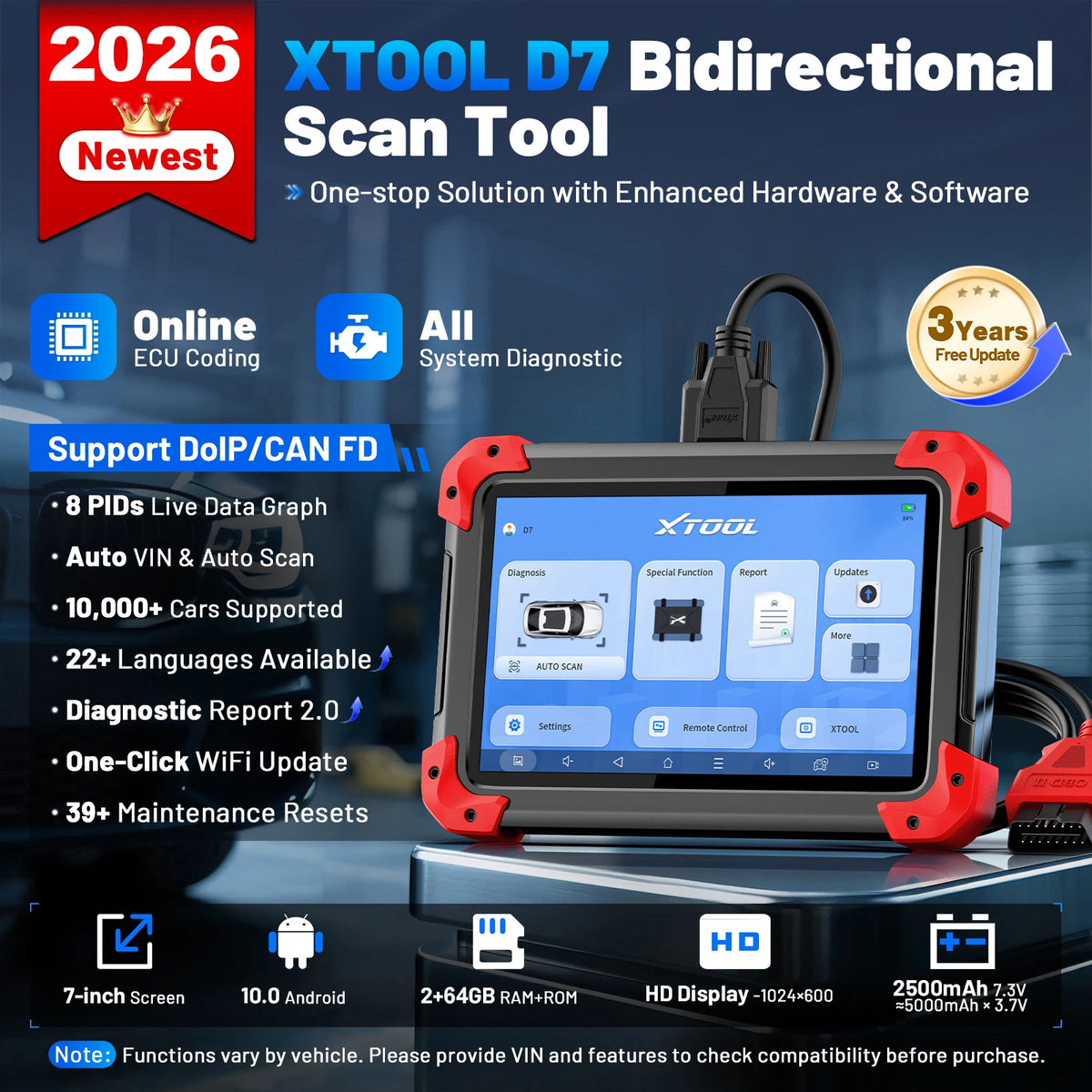 XTOOL D7 V2.0 OBD2 Scanner All System Car Diagnostic Tool Bi-directional Automotive Tool ECU Coding Active Test with 39+ Reset