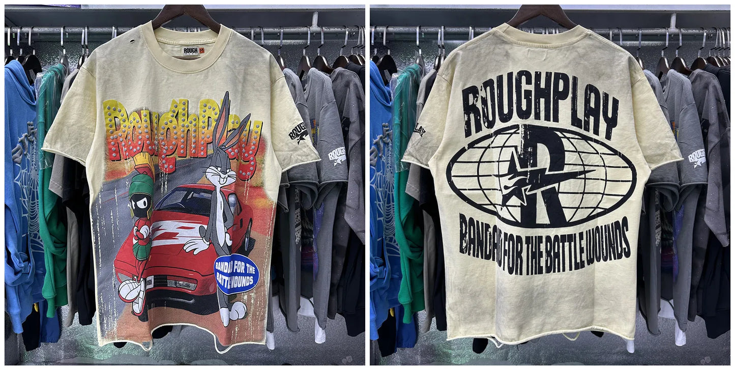 New American Style RoughPlay Splicing Shinning Diamond 100% Cotton Short Sleeve Tshirts for Men Women Crew Neck Loose Summer T-shirt Oversized Tees
